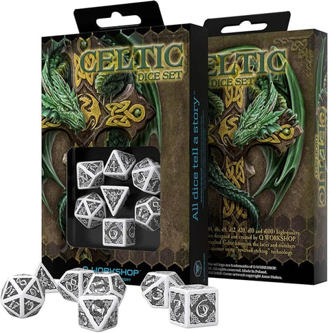 Dice: Q-Workshop - Celtic - Poly Set, 3D (x7) - Black/White (Rev.)