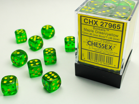 Dice: Chessex - 12mm D6 (x36) / Borealis Maple Green / Yellow