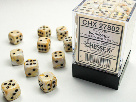 Dice: Chessex - 12mm D6 (x36) / Marble Ivory / Black